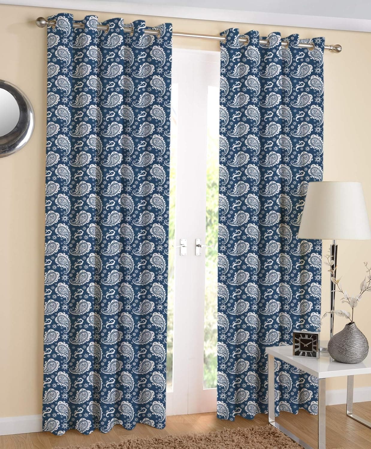 Airwill Blue Motif Pattern Cotton Blue Paisely Designed Long Door Curtains 4x9ft Pack of 2 Pieces