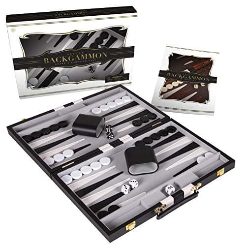 Premium Backgammon 15 Inches Medium Black Backgammon Sets for Adults and Kids Leatherette Back Gammon Board Game Set Travel Backgammon Set Board Encased with Accessories