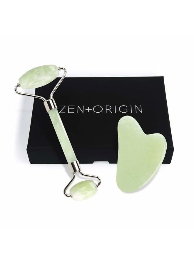 Jade Roller and Gua Sha Set - 100% Natural Jade Stone Face Roller, Dual Sided Massage Roller Stimulates Blood Flow, Relieves Stress, Reduces Signs of Aging, Travel Pouch Included, Gift Box