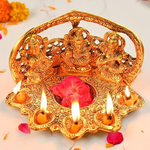 HindCraft Laxmi Ganesh Saraswati Idol Diya Oil Lamp Deepak – Golden Metal Traditional Diya Puja | Lakshmi Ganesha Showpiece Statue for Mandir, Home Decoration & Festival Gifts