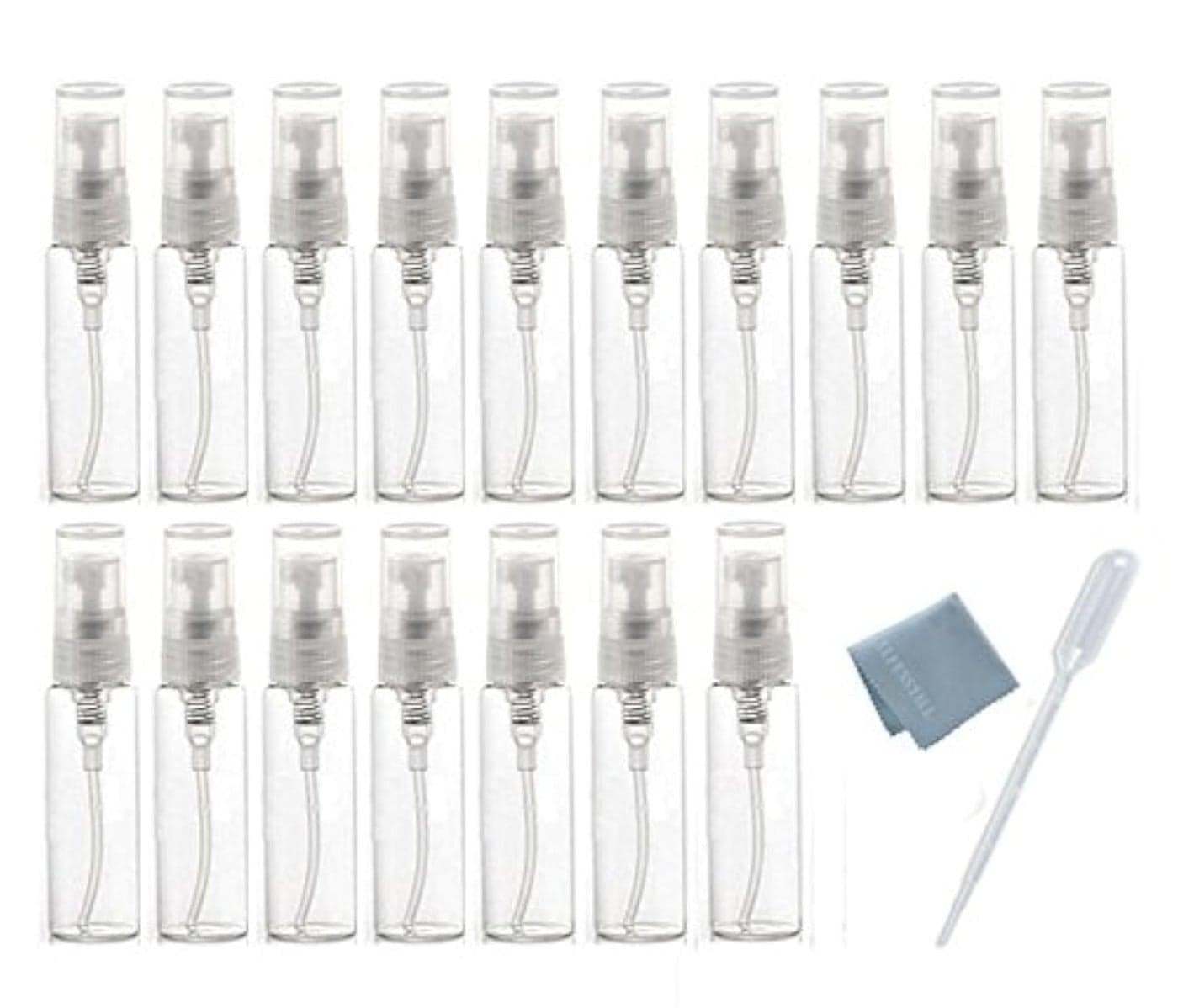 Elfenstal 20pcs Empty 10ml Clear Fine Mist Atomizer Glass Bottle Spray Refillable Perfume Empty Bottle Glass Clean Cloth for Travel Party Portable Makeup Tool Free 3ml Pipette