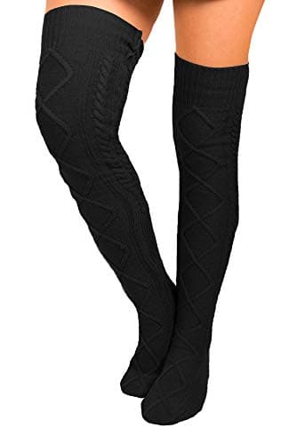 Floral Find Women's Cable Knit Knee-High Winter Boot Socks Extra Long Thigh Stocking (Black)