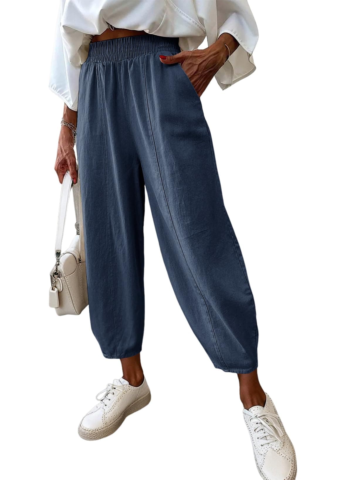 Dokotoo Womens Cotton Baggy Wide Leg Pants Elastic Waisted Plus Size Loose Lounge Harem Capris Pants with Pockets Business Casual Lounge Travel Vacation Outfits Trousers Dirty Blue