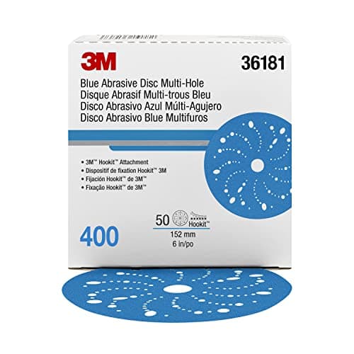 3M Hookit Blue Abrasive Discs 36181, Multi-Hole, 6 in, 400+ Grade, Pack of 50, Virtually Dust-Free, for Auto Sanding, Body Repair, Featheredging, Primer Sanding, Paint Preparation, E-Coat