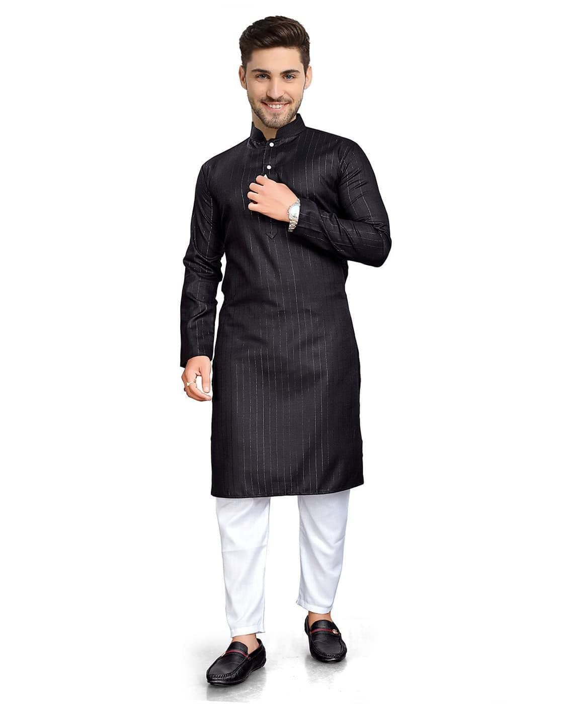 Enmozz Men's Cotton Blend Regular Fit Textured Lining Kurta Black, Small