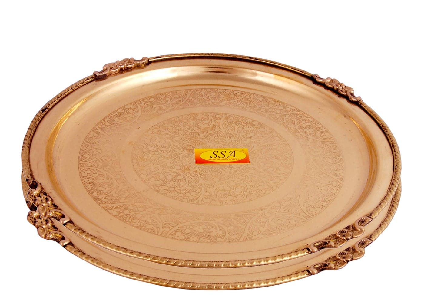 Shiv Shakti Arts® Pure Brass Plate/Dinner Plate/Serving Plate/Pooja Thali Set (Embossed Flower Eatching Design, Diameter - (26 cm) 10.25"-Inch Each)-2 Pcs Set