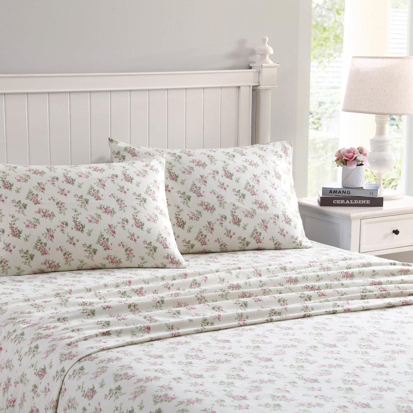Laura Ashley Full Sheets Cotton Flannel Bedding Set Brushed for Extra Softness Comfort Audrey Pink Full