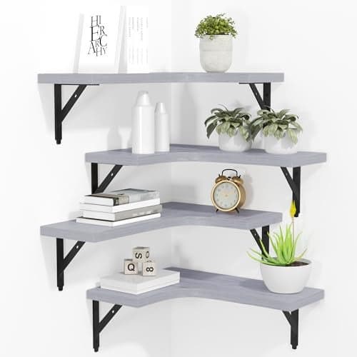 ROMGUAR CRAFT Corner Floating Shelves Wall Mounted Set of 4, Rustic Wood Storage Display Shelves for Home Decor, Bathroom, Kitchen, Bedroom, Living Room, Office (Light Grey)