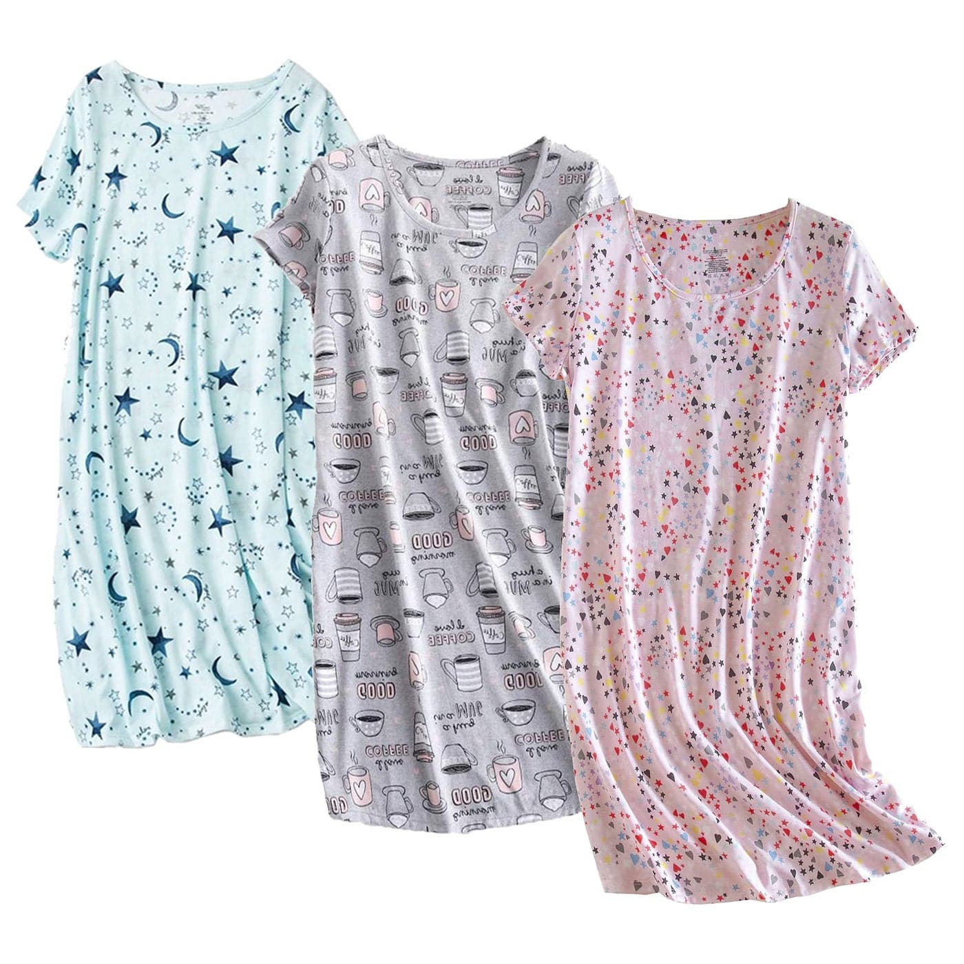 PNAEONG 3 Pack Womens Cotton Nightgown Sleepwear Short Sleeves Shirt Casual Print Sleepdress SY003PinkStarCoffeeL