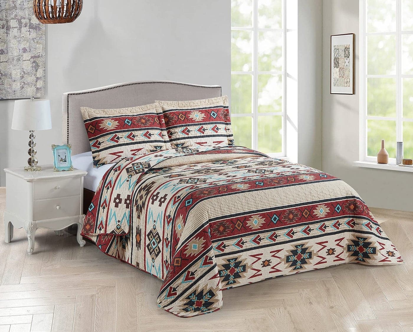 Rugs 4 Less Rustic Striped Southwestern Quilt Stitched Western Bedspread Bedding Set with Beige Brown Burgundy Turquoise Tribal Native American Patterns Colorado FullQueen