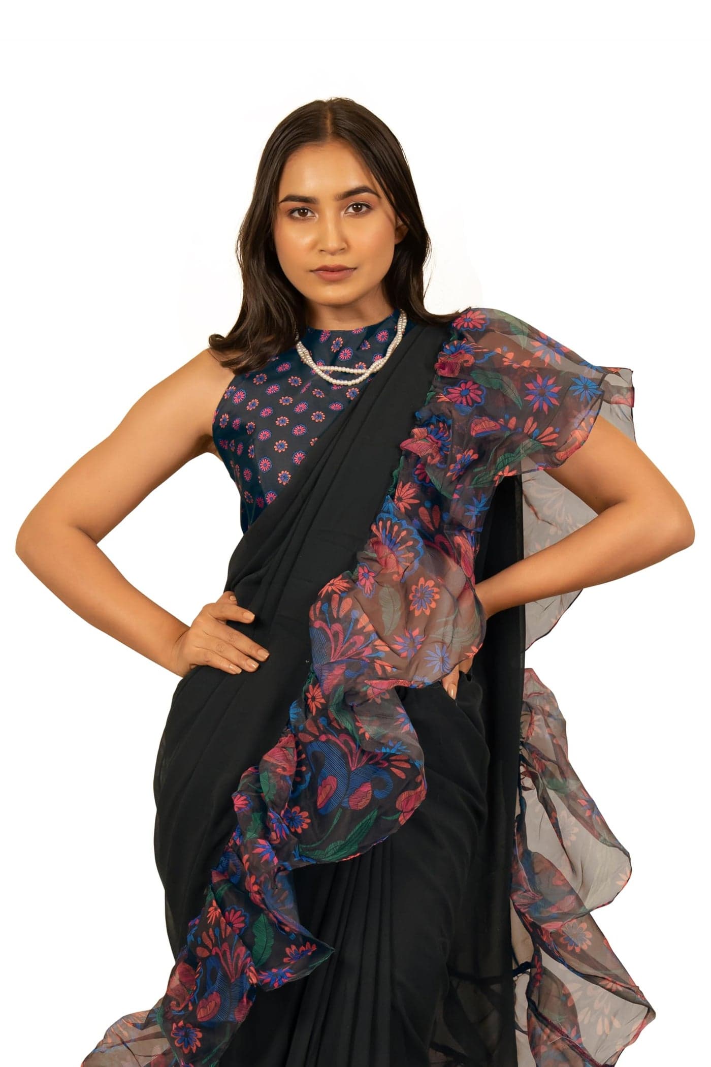 MIRCHI FASHION Women's Georgette Floral Ruffle Printed Solid Ready to Wear 1 Min Drape Saree with Blouse Piece (49112 - Black, Coral,Green,Blue)