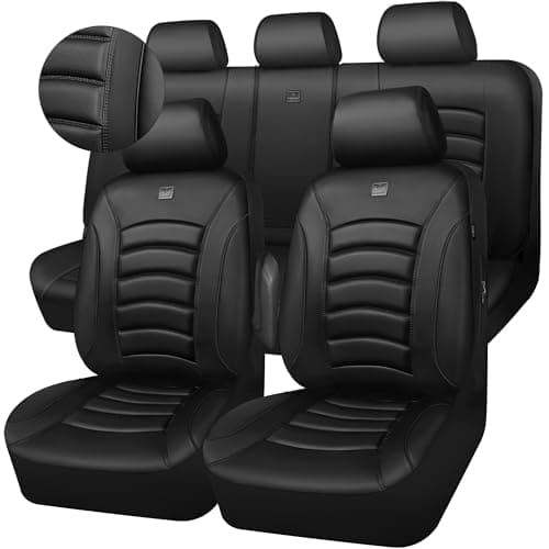 CAR PASS 3D Foam PU Leather Car Seat Covers Universal Seat Covers Full Sets for Trucks SUV Sedan Automotive Seat Covers Armrest Airbag Compatible Waterproof Comfortable Faux Nappa Leather Pure Black