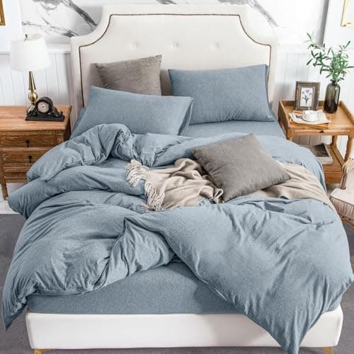 PURE ERA Jersey Knit Duvet Cover Set 100% T-Shirt Cotton Super Soft Comfy 3pc Bedding Set with Zipper Closure (Heather Blueish Grey, Cal King)