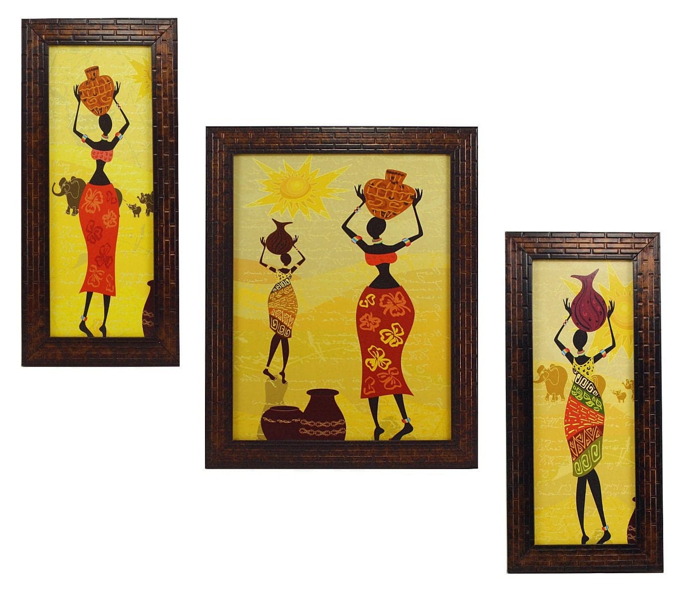 Indianara 3 PC Set of Village Folk Paintings (1129) Without Glass 5.2 X 12.5, 9.5 X 12.5, 5.2 X 12.5 INCH