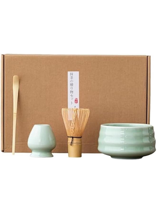 Matcha Whisk Set, 4pcs Japanese Tea Set,Matcha Whisk,Traditional Scoop, Matcha Bowl, Ceramic Whisk Holder,Traditional Matcha Tool Set for Matcha Tea Ceremony (Green)