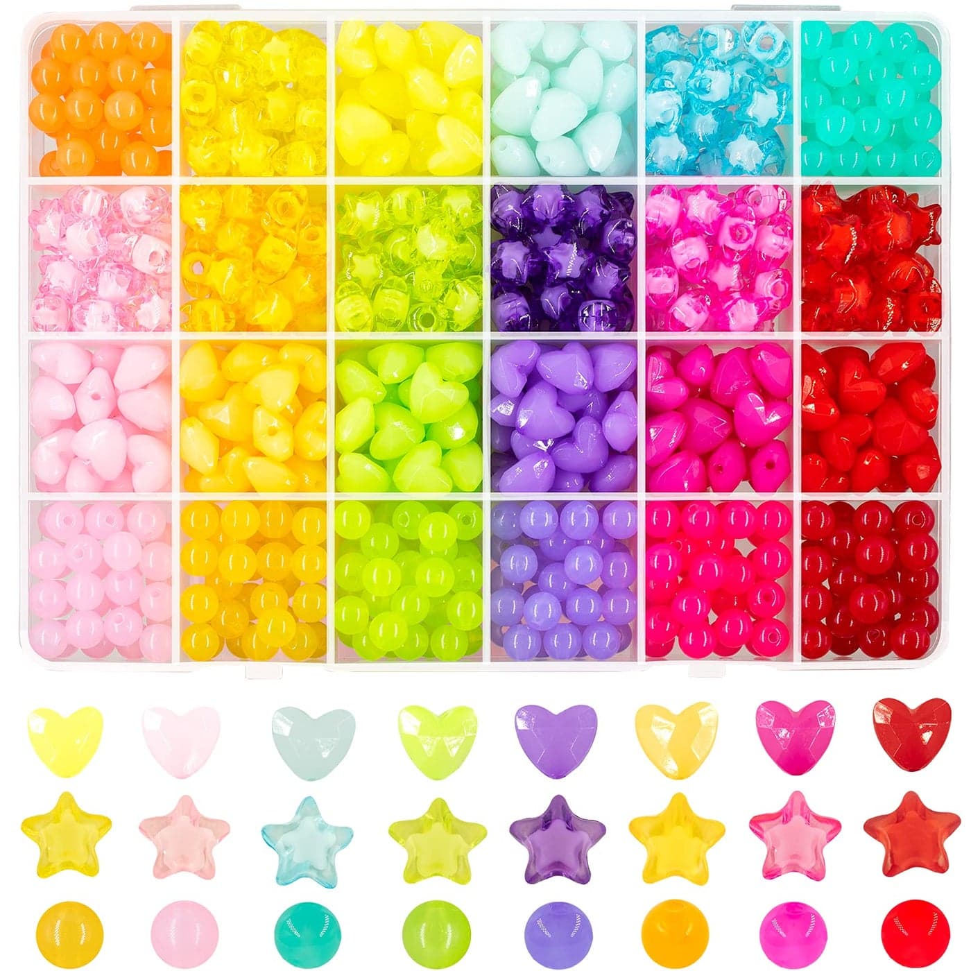 560Pcs Candy Color Pastel Beads Acrylic Heart Beads Stars Beads Colorful Pony Beads Round Beads Cute Loose Plastic Beads Bulk for Jewelry Making DIY Craft Necklace Rainbow BraceletJelly Color Beads