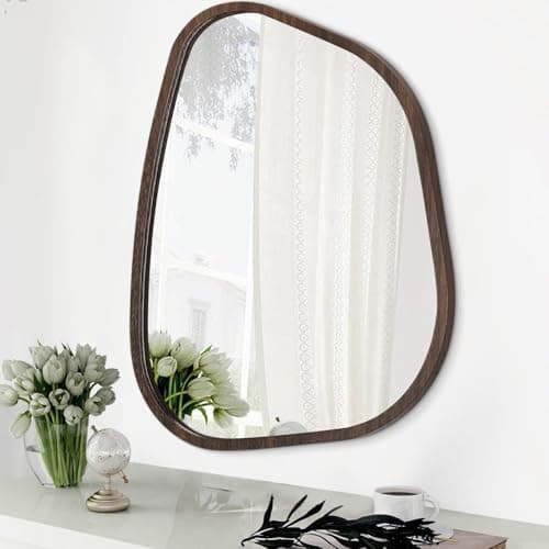 HLFMVWE Irregular Wooden Framed Wall Mirror Modern Oval Asymmetrical Unique Hanging Mirror Artistic Wavy Mirror Decor Bathroom Vanity Bedroom Living Room Entryway Hallway Large Brown16 x12