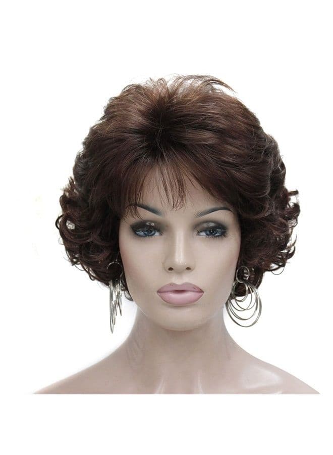 Dark Brown Short Curly Wavy Wig with Hair Bangs 100% Imported Premium Synthetic Fashion Brown Hair Wigs for Women (Brown)