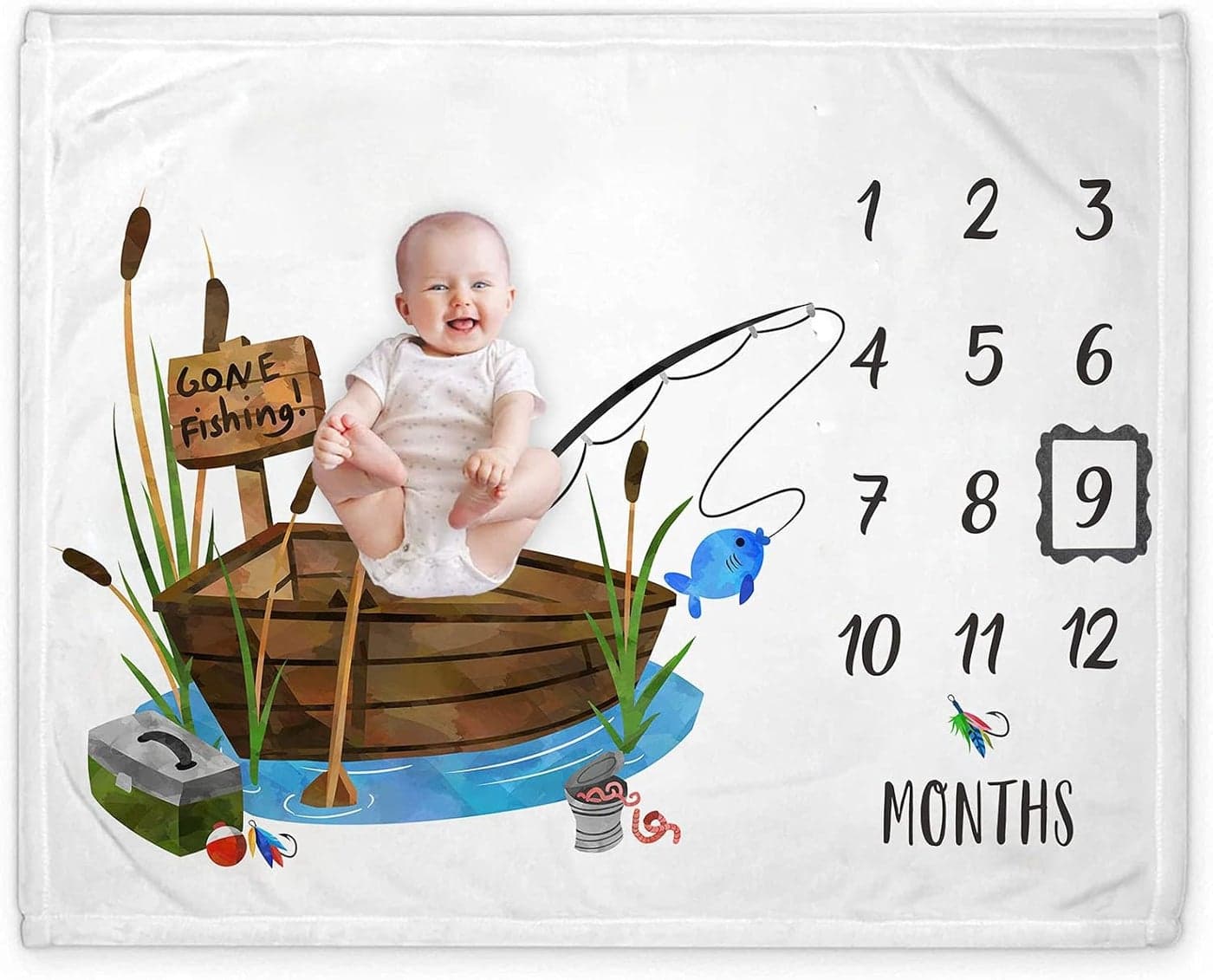 Yuzioey Fishing Baby Monthly Milestone Blanket Gone Fishing Baby Boy Growth Chart Milestone Photo Blanket Fishing Boat Newborn Includes Marker 50x40