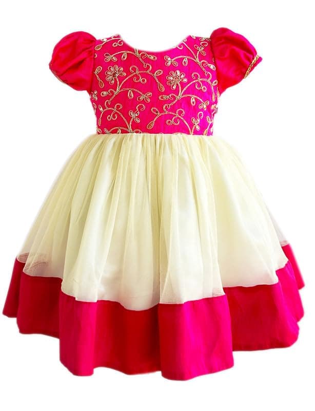 Stanwells Kids Baby Girls Frocks Knee Length Birthday Net Flared Ruffle Pattern Puff Sleeve Traditional Embroidery Western Frock for Girls Princess Birthday Perfact Dress for Girls (Pink 7-8 Years)