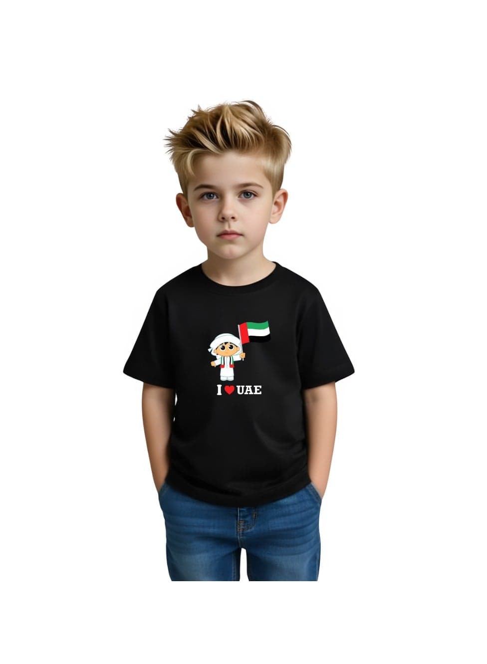 I Love UAE Printed Kids T-Shirt – Black Round Neck Short Sleeve Tee For Boys — 7-8YRS