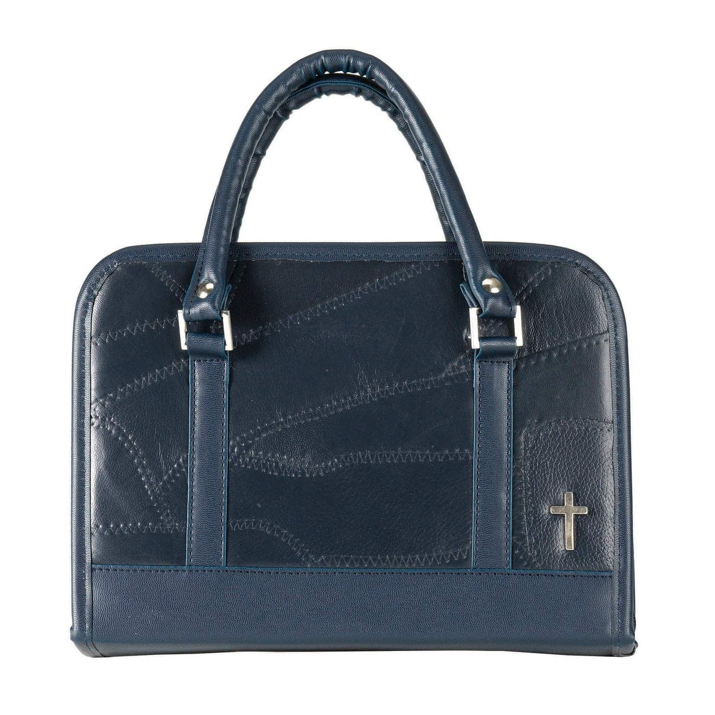 Patchwork Dark Navy Blue Large Print Genuine Leather Bible Cover with Handle