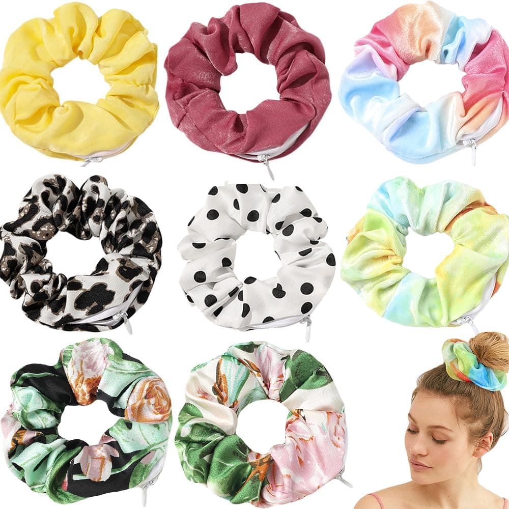 Velvet Dots Hair Scrunchies with Zipper Pouch Secret Pocket Hair Ties Ropes Tie Dye Floral Elastics for Vsco Girl Stuff 8 Pcs