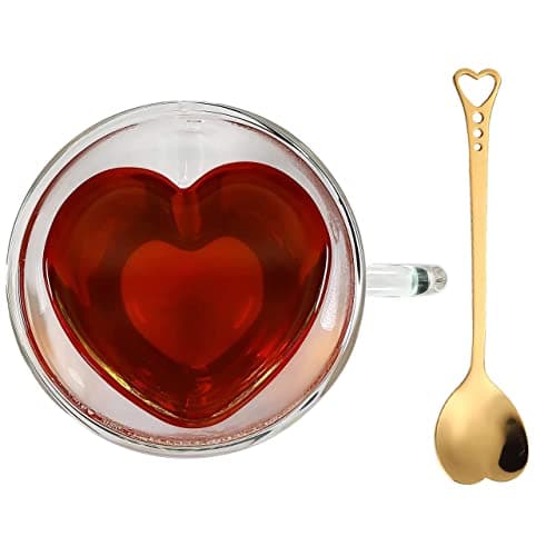 Heart Shaped Cup - Double Walled Insulated Glass Coffee Mug or Tea Cup - Double Wall Glass 8oz (240ml) - Clear - Unique & Insulated with Handle - With Teaspoon