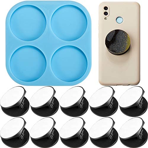 Phone Grip Mold 4 Circle Shape Epoxy Resin on Top Phone Grip Mold with 10 Pieces Blank Sublimation Holders Circle Silicone Molds for DIY DesignBlack Holder