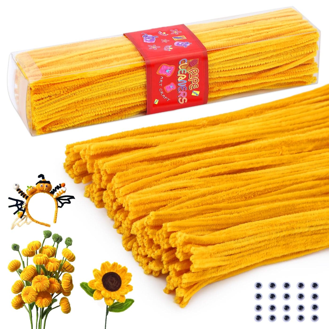 LOKUNN Pipe Cleaners, 200 Pcs Yellow Pipe Cleaners Craft Set, Solid Color Chenille Stems, DIY Arts and Crafts with Adhesive Eyes and Storage Box, Christmas Mother's Day Decoration Art Supplies