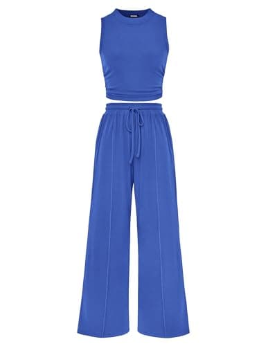 BTFBM Summer Outfits For Women 2026 Cropped Sleeveless Tank Tops Wide Leg Pants 2 Piece Sets Beach Lounge Set Clothing(Blue, Medium)