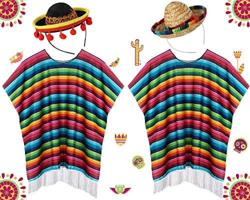 JaGely 4 Pcs Cinco De Mayo Mexican Fiesta Serape Poncho Fabric and Straw Sombrero Headbands Costume(Retro)