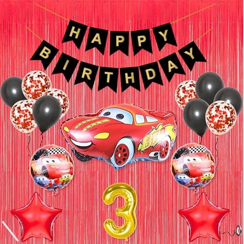 3rd Car Theme Happy Birthday Banner Decoration Black for 3 year Old Baby Boys Girls Kids 5 Pc Lightning Macqueen Theme 10 Pc Confetti Balloons Foil Curtain Kit Combo Set Items 2 Pc Red Star