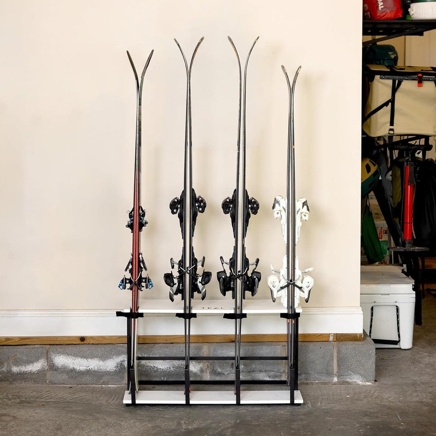 StoreYourBoard Freestanding Wasatch Ski Rack Universal Ski Holders Holds 4 Pairs of Skis Ski Poles Storage Rack for Garage Fits All Skis