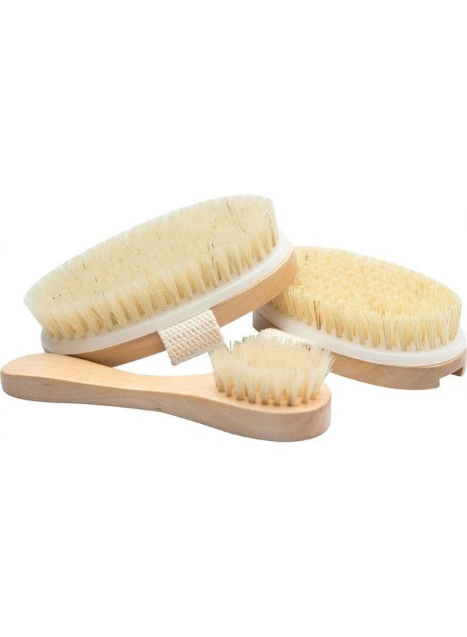 : 3-Piece Dry Brushing Spa Kit - 1 Face Brush, 2 Body Scrub Brushes and a Cotton Bag - Body and Skin Care for Exfoliation, Blood Circulation and Lymphatic System Stimulation Support