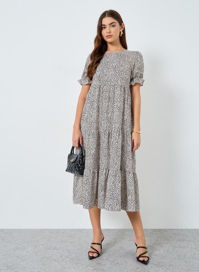 Leopard Print Round Neck Tiered Midi Dress