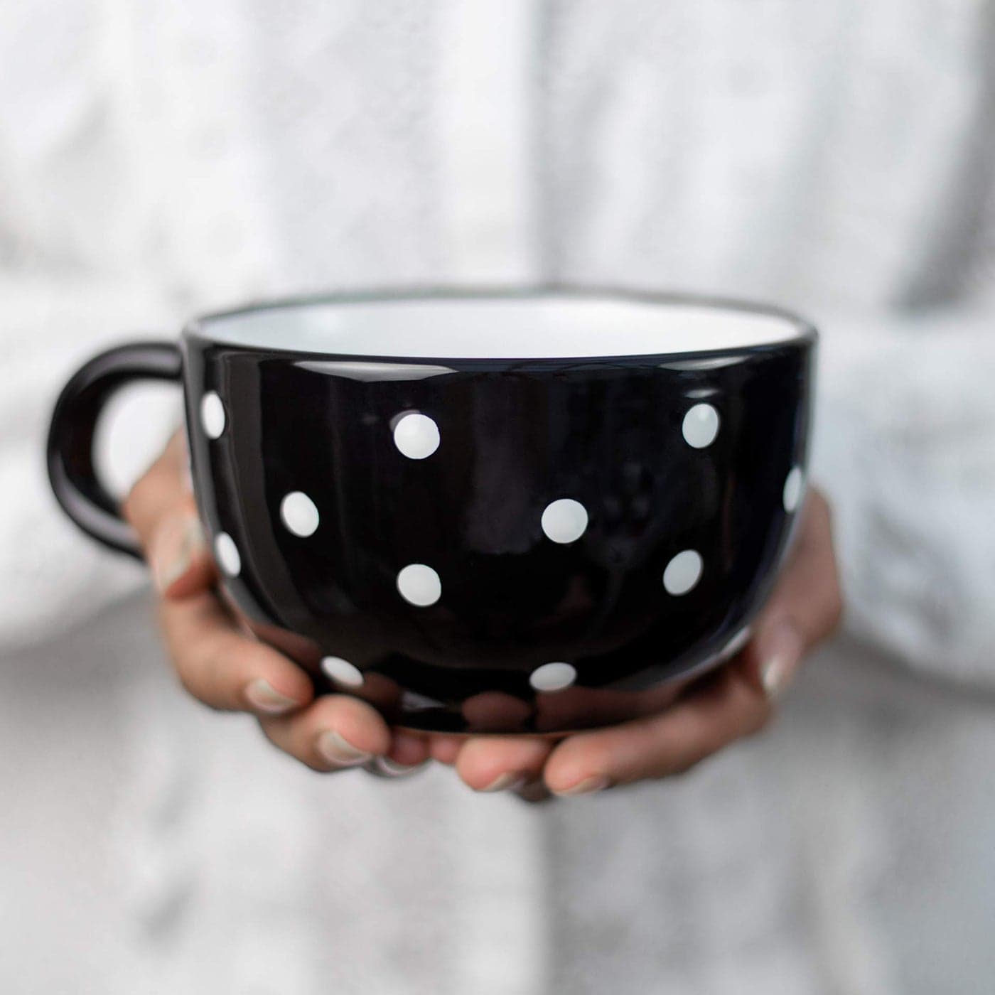 City to Cottage Handmade Ceramic Designer Black and White Polka Dot Cup Unique Extra Large 175oz500ml Pottery Cappuccino Coffee Tea Soup Mug Housewarming Gift for Tea Lovers