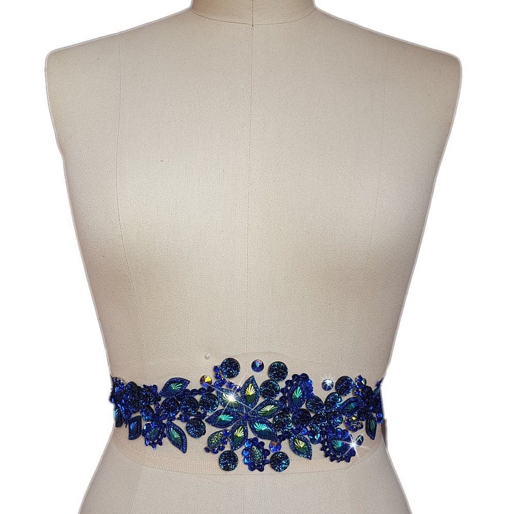 Fashion Pure Handmade Bright Crystal Patches Sewon Blue Rhinestones Applique with Stones Sequins Beads DIY for Wedding Dress Decor Accessory 39x142 Belt Waist Decoration