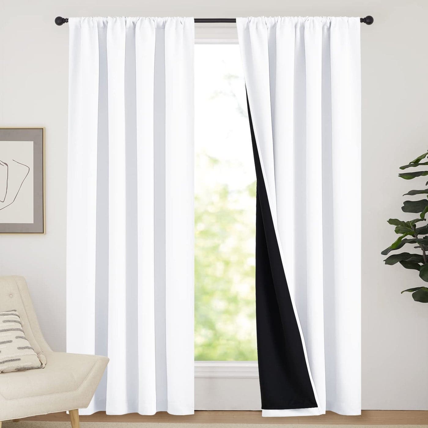 NICETOWN 100 Blackout Curtain Panels Rod Pocket Window Curtains with Black Liner for Nursery 84 inches Drop Cold and Full Light Blocking Draperies White 2 Pieces 52 inches Wide Each Panel