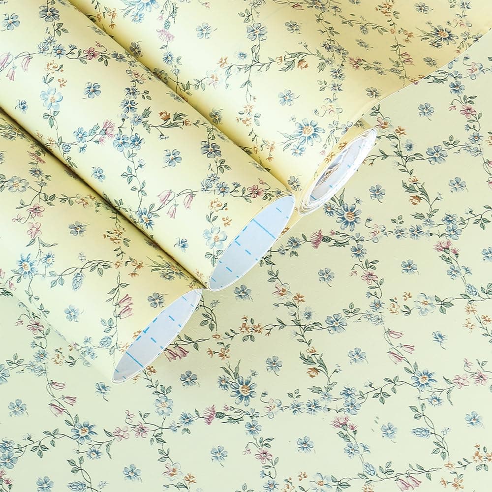 Self Adhesive Yellow Floral Shelf Liner Contact Paper for Dresser Cabinets Walls Backsplash Furniture Decal 177x117 Inches