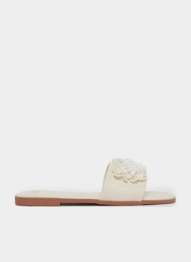 Beige Pearl Embellished Flat Sandals — 40