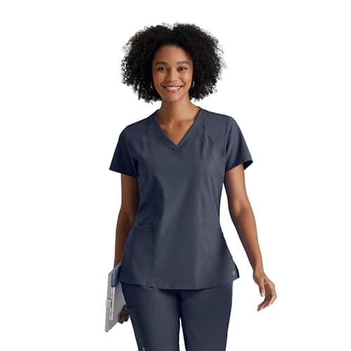 BARCO One Racer Classic Fit Scrub Top for Women – Steel, 4-Pocket V-Neck Scrub Shirt w/ 360 Spandex Stretch, Moisture Wicking, Anti-Static and Quick-Shed – Medium, Regular Fit
