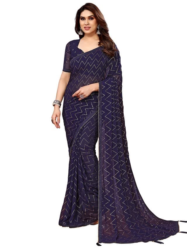 Satrani Women'S Georgette Foil Print Saree With Unstitched Blouse Piece(3066S2123N_Blue)