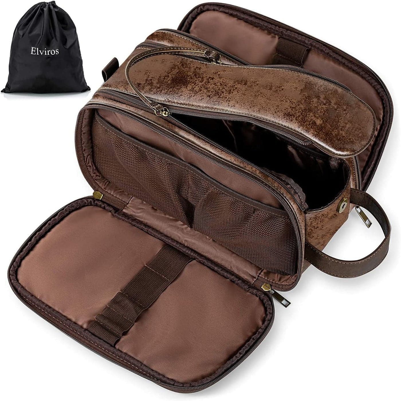 Elviros Toiletry Bag for Men, Large Travel Shaving Dopp Kit Water-resistant Bathroom Toiletries Organizer PU Leather Cosmetic Bags (Medium, Chocolate)
