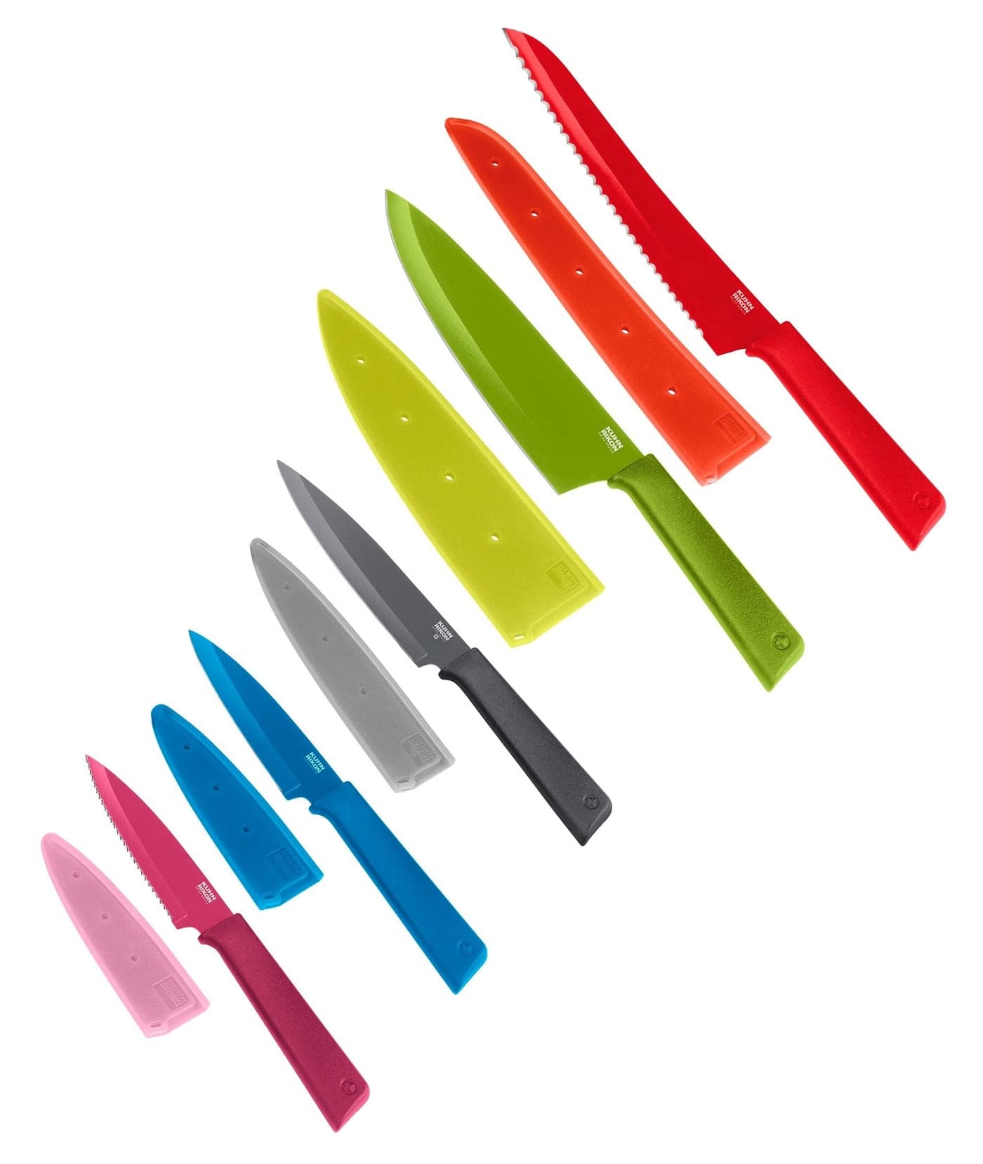 Kuhn Rikon COLORI+ Mixed Knife Set with Non-Stick Coating and Safety Sheaths, Set of 5, Fuchsia, Blue, Graphite Grey, Green and Red