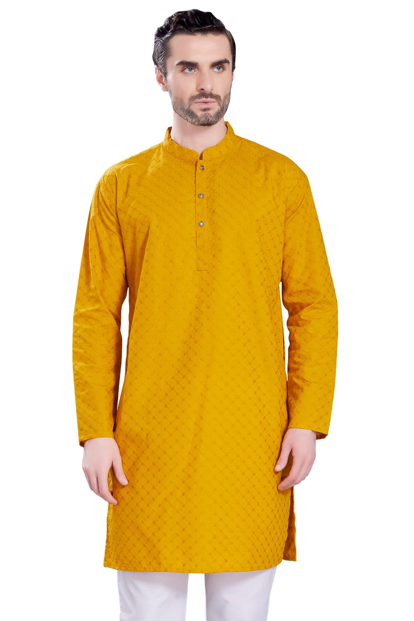 DIVISIVE Men's Thread Embroidered Cotton Only Slim Fit Kurta (DKRT1080_XXXL_Mustard)