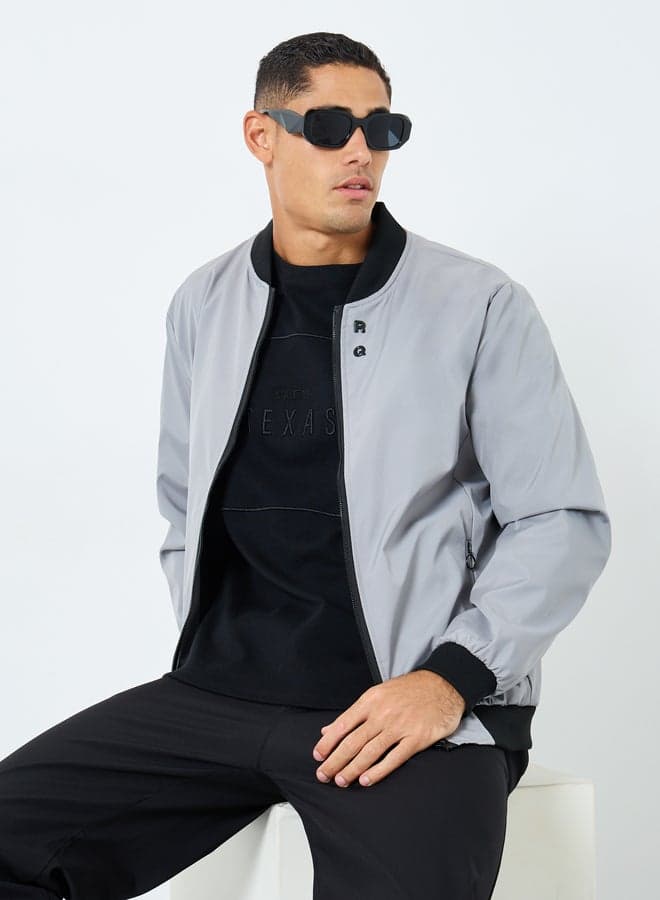 Men Grey Solid Bomber Jacket