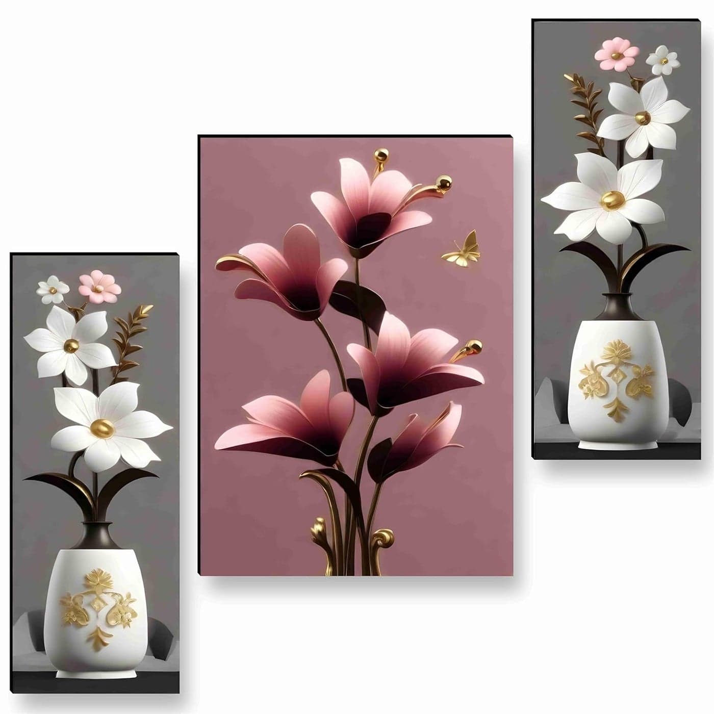 SAF Paintings flower pot for Wall Decoration - Set Of 3, 3d modern art Painting for Living Room Large Size with Frames for Home Decoration, Hotel, Office painting 50.8 cm x 30.48 cm SANFJM36037