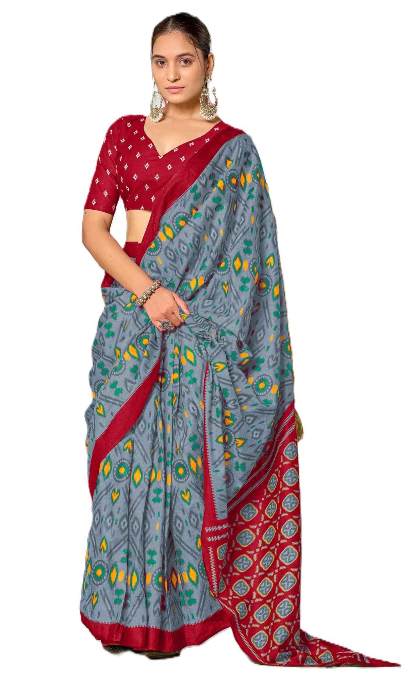 Panzora Women's Mulmul Cotton Block Print Ready to Wear One minute Saree With Unstitched Blouse Piece