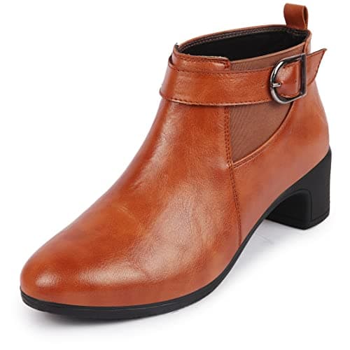FAUSTO Women's Flared Heel Mid Ankle Classic Winter Buckle Strap Chelsea Boots (Tan, 4)